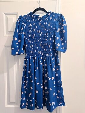 WAYF Cottagecore Blue Floral Smocked Puff Sleeve Short Milkmaid Dress Size M